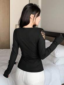 DAZY Party & Back To School Dress For Women - 2 In 1 Lace Panel Long Sleeve T-Shirt Going Out Tops,Fall Women Clothes - Black - View 5