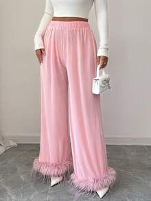 Selianne Women's Elegant Elastic Waist Patchwork Wide Leg Pants - Pink - View 6