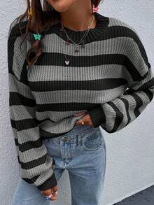 EMERY ROSE 女士休闲宽松条纹圆领落肩长袖毛衣秋冬条纹套头衫条纹毛衣长袖条纹毛衣女条纹毛衣黑灰色条纹毛衣 - 彩色 - 查看 3