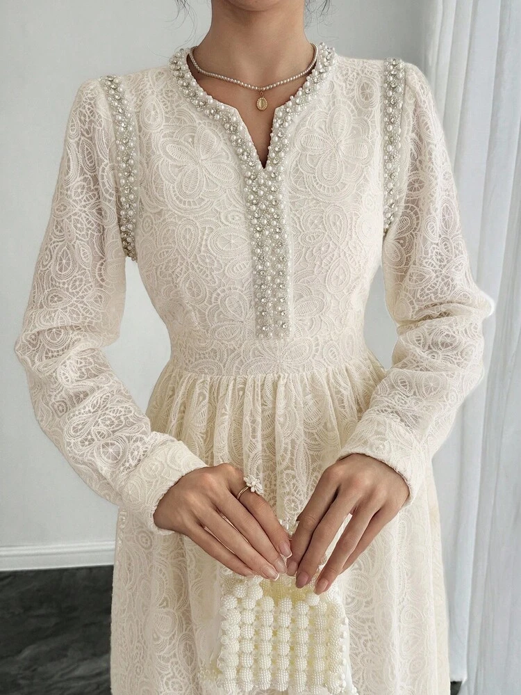 High-End French Lace Long Sleeve Dress, V-Neck Chiffon Elegant Gown, Autumn/Winter New Arrival Dress