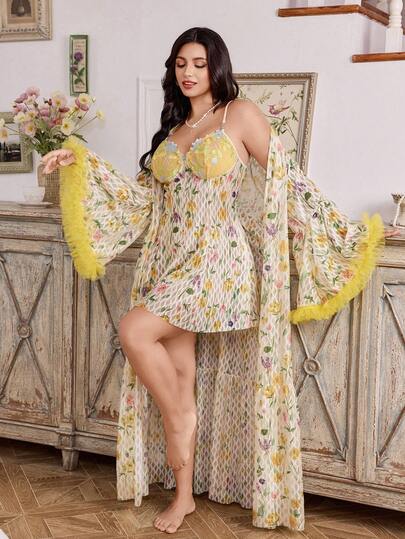 Elorette Bata larga de mujer con estampado de rosas en jacquard de diamante asimétrico de malla 3D de talla grande, bata de manga larga con bordado y parches sexy, conjunto de 2 piezas con camisón y vestido de tirantes, camisón de lencería amarilla de talla grande, ropa de otoño e invierno