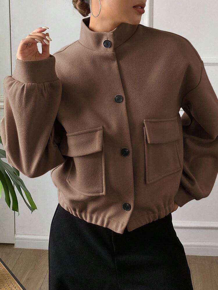 Solid Coloured Stand Collar Pocket Short Jacket For Women,Fall Clothes