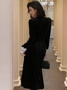 DAZY 女士优雅蕾丝拼接中长款派对礼服，秋季舞会嘉年华礼服 - 黑色 - 查看 2