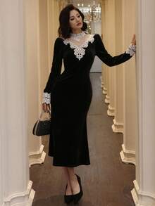 DAZY 女士优雅蕾丝拼接中长款派对礼服，秋季舞会嘉年华礼服 - 黑色 - 查看 4