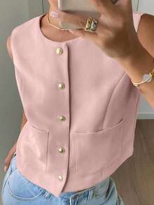 Livesso Women's Fitted Sleeveless Solid Color Jacket,Fall Clothes - Pink - View 1