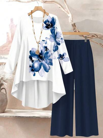 Lacomfia Ensemble 2 pièces femme, Top à col rond ample et imprimé floral aquarelle bleu, et pantalon. Tenue décontractée