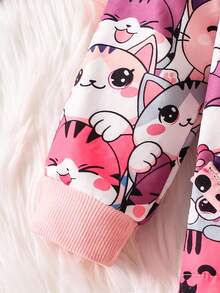 SHEIN Elladie kids 女童可愛貓咪印花輕便夾克，保暖內裡連帽外套，適合學校、戶外活動與家庭聚會，秋冬款 - 彩色 - 查看 6