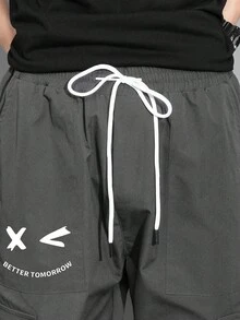 Claim Dot Men Slogan Graphic Flap Pocket Drawstring Waist Cargo Pants, For Fall