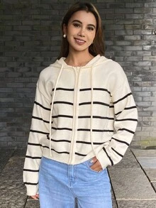 DAZY 撞色条纹宽松连帽长袖休闲街头风针织开衫，女款，秋冬 - 白色 - 查看 3