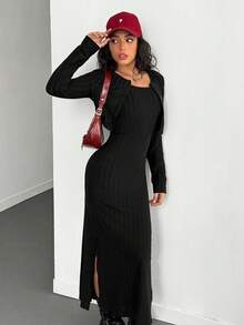 2 Stücke/Set Teenager Mädchen Gerippte Strick Jacke und Bodycon Trägerkleid Set