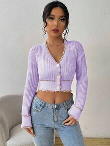 Women's Elegant Contrast Trim Cropped Cardigan - Mauve Purple - View 3