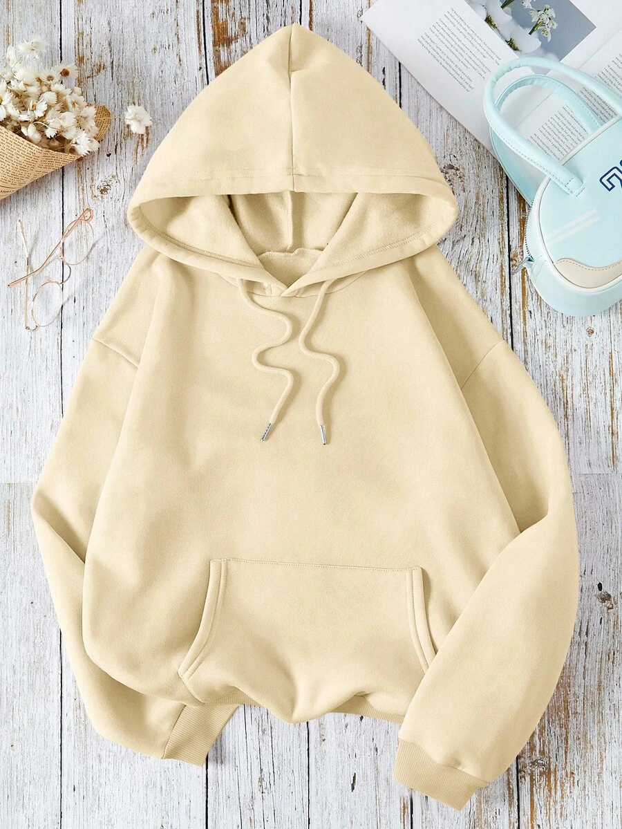 INAWLY Women's Solid Color Drawstring Loose Drop Shoulder Casual Versatile Sweatshirt - Khaki - View 1
