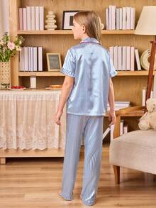 SHEIN 女童仿丝条纹小猫印花开衫睡衣套装 - 藍白色 - 查看 2