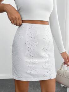 EURMUSE Women Solid Color Eyelet Embroidery And Zipper Detailed Skirts - White - View 3