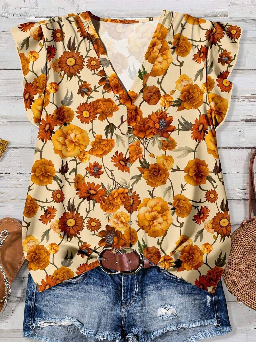 SHEIN LUNE Áo sơ mi nữ họa tiết hoa cổ điển thường ngày, phù hợp cho mùa hè và mùa thu - Nhiều màu - Xem 1