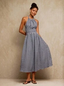 Travachic 女士度假梭织格子中长连衣裙 - 藍白色 - 查看 7