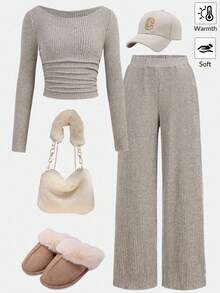 SHEIN Girlism Teen Girls Crew Neck Ruched Waist Long Sleeve T-Shirt And Loose Fit Pants Set - Apricot - View 3