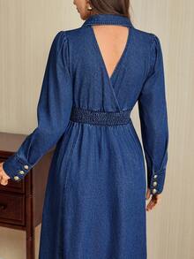 Vintamour Women's Fashion Casual Turndown Collar Waist Denim Dress Denim Dress With Buttons Blue Denim Dress Collared Denim Dress Denim Midi Dress Long Sleeve Denim Dress Fall Clothes For Women Fall Outfits For Womenelegant Dresses For Women Prom Dress Party Dresses For Women Dresses For Women Party Formal Dresses Going Out Dress Christmas Dress