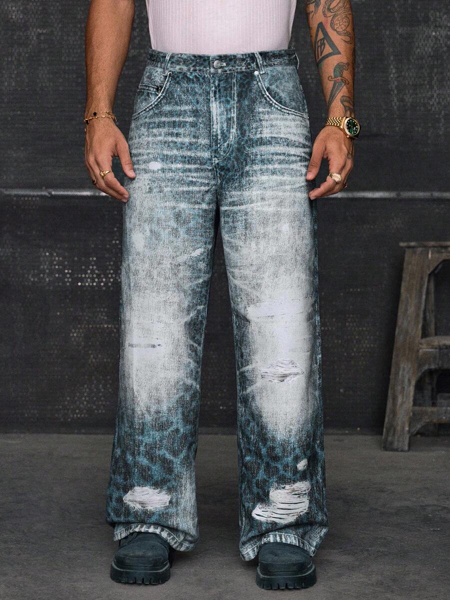 AXEPEAK Men's Summer Woven Denim Effect Digital Print Casual Loose Commuter Jeans , Fall - Multicolor - View 1