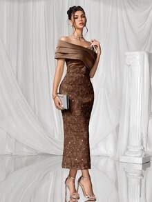 Coutiva Elegant Drop Shoulder Backless Fruit Green Satin Stitching Jacquard Sequin Hem Straight Skirt Back Slit Party Dress, Suitable For Birthday Parties, Daily Gatherings, Prom Dresses, Cocktail Parties, Graduation Ceremonies, School Opening Parties, Etc. - Coffee Brown - View 3