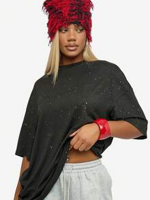 SUMWON WOMEN Oversized Sparkly T-Shirt For Women Long Sleeve Glitter Top Casual Streetwear Drop Shoulder Tee - Black - View 6