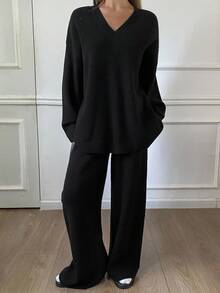 Livesso Women's Casual Business Loose Knit Pullover Sweater And Straight Leg Pants 2 Pieces Set, Minimalist Black, Suitable For Office Wear In Autumn And Winter - Black - View 2