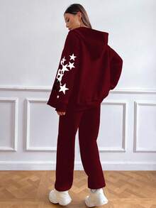 StreetHx 2pcs/Set Bear & Star Print Hooded Sweatshirt And Sweatpants - Burgundy - View 2