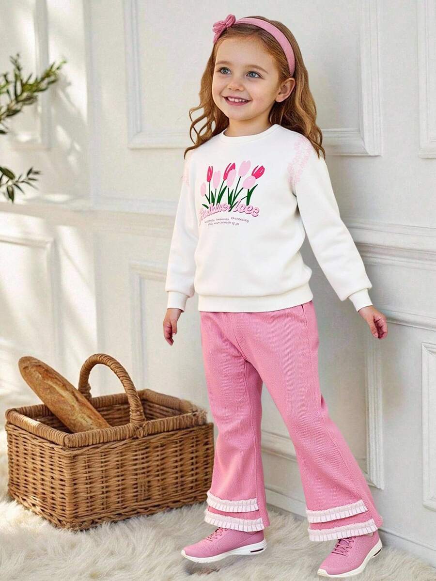 Conjunto de sudadera con cuello redondo, manga larga con estampado de letras y dibujos animados con encaje, y pantalones acampanados ajustados, estilo coreano de moda para niñas, para primavera/otoño - Rosa - Ver 1