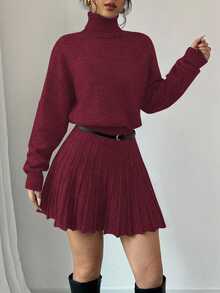 Rafferiza 2件套：纯色宽松百褶裙和高领毛衣 - 酒紅色 - 查看 8