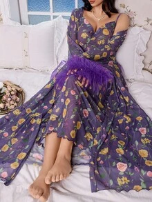 SHEIN 1 套：羽毛装饰长袖花卉印花网眼长袍 + 花卉印花网眼长吊带裙，加大码 - 彩色 - 查看 5