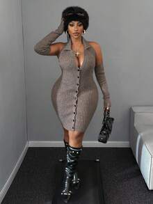 Maweii Plus Size Fashionable Sexy Front Button Backless Halter Knit Dress - Mocha Brown - View 6