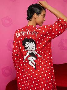 Betty Boop x SHEIN 夏季波尔卡圆点爱心图案七分袖红色睡袍，休闲、性感、可爱风格，适合秋季