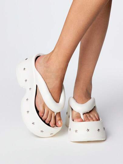 Grunge Punk White Rock Punk Sandals, Summer Open Toe Studded Gothic Shoes, Roman Beach Flip Flops