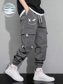 Claim Dot Men Slogan Graphic Flap Pocket Drawstring Waist Cargo Pants, For Fall