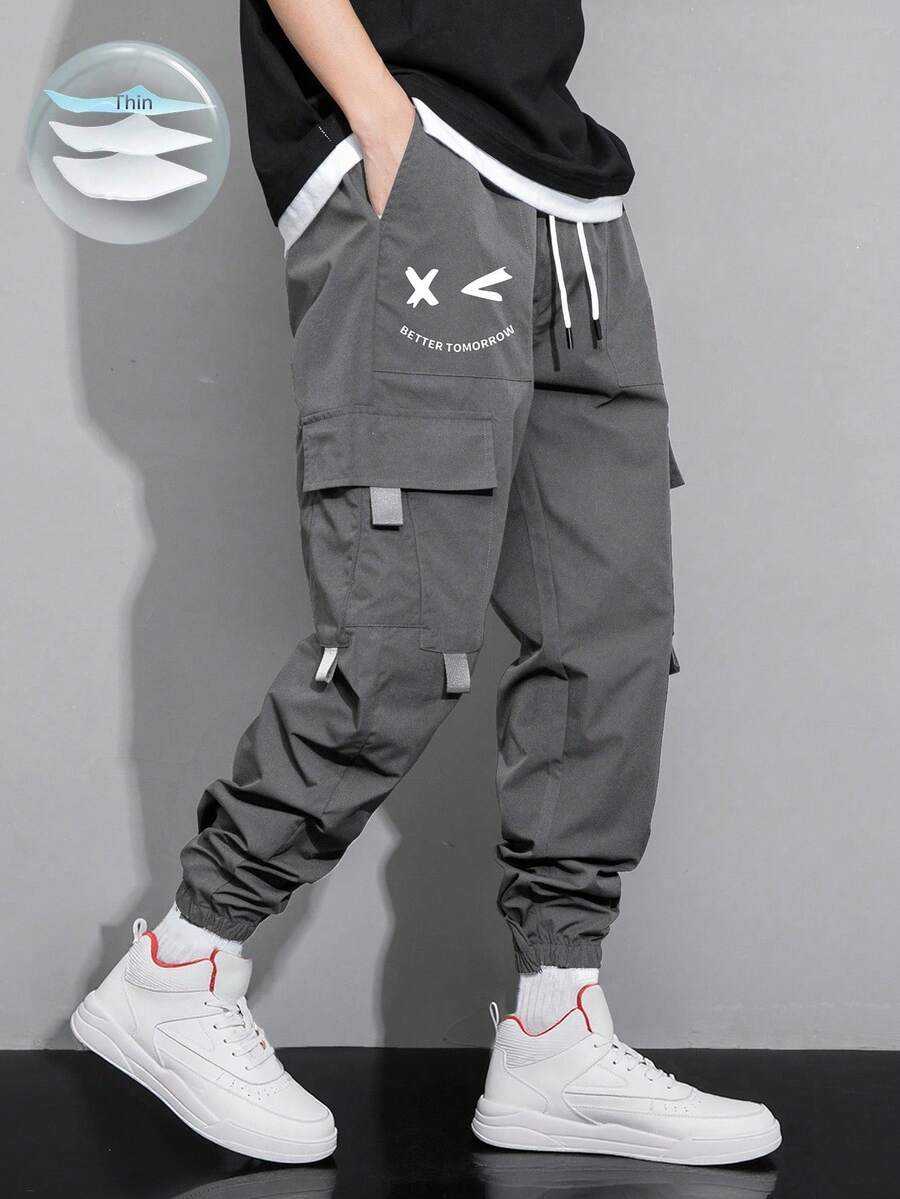 Claim Dot Men Slogan Graphic Flap Pocket Drawstring Waist Cargo Pants, For Fall