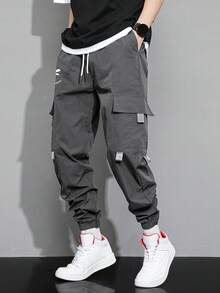 Claim Dot Men Slogan Graphic Flap Pocket Drawstring Waist Cargo Pants, For Fall