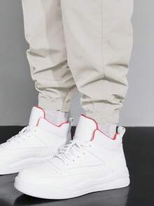 Claim Dot Men Letter Graphic Flap Pocket Drawstring Waist Cargo Trousers - Beige - View 6