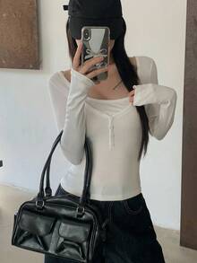 DAZY 女式纯色纽扣前长袖修身休闲 T 恤，秋季，返校服装学院风上衣，秋季女装 - 白色 - 查看 3