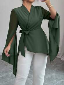 Elenzga Never Out Of Style: Gothic Prep With A Wednesday Twist. Embrace Your Inner Shadow Dark Feminine Fashion. Plus Size Cross V-Neck Tie Wrap Asymmetrical Chiffon Long Sleeve Design Asymmetrical Hem Bow Commuter Versatile French Elegant Black Blouse