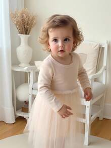 SHEIN Baby Casual Round Neck Long Sleeve Mesh Camel Color Dress, Autumn/Winter Fall - Camel - View 8