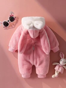 SHEIN 新生儿可爱3D蝴蝶结兔耳连帽长袖连体衣秋冬款 - 淺粉色 - 查看 3
