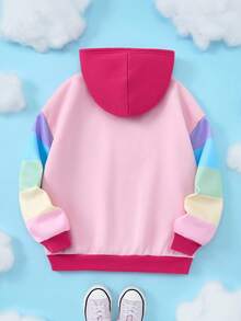 SHEIN X Care Bears Tween Girl 卡通粉色彩虹熊刺绣落肩宽松拉链连帽卫衣，粉色，秋冬