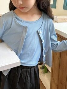 SHEIN 2pcs/Set Tween Girl Ribbed Cardigan And Tank Top Set,  Two Piece Autumn Outfit Fall Winter - Blue - View 2