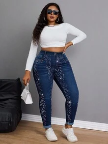 Slaydiva Quần jean bó sát đính đá thời trang cỡ lớn Quần jean lấp lánh Quần jean Diamante Quần jean cạp cao Quần jean đính đá Quần jean pha lê Quần jean denim và kim cương dành cho nữ Quần jean cạp cao đính đá lấp lánh - Rửa tối - Xem 3