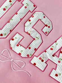 Jouncy 2 件 Y2K 风格甜樱桃和蝴蝶结印花刺绣休闲家居服套装，适合女士，适合返校/校园 - 粉色 - 查看 4