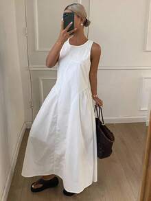 DAZY Đầm suông cổ tròn ôm sát màu trơn không tay xẻ tà thường ngày dành cho nữ, mùa thu - trắng - Xem 5