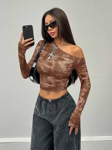 Coolane Women's Daily Wear Essentials Knit Stretchy Comfy Asymmetrical Neck Long Sleeve Tops - Brown - View 4