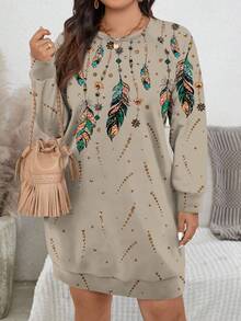 EMERY ROSE Vintage Gold Feather Print Casual Minimalist Plus Size Sweatshirt, Suitable For Parties, Fall/Winter - Multicolor - View 6