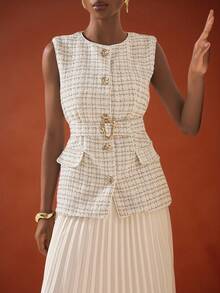 Zivah 2025年秋冬新款，日常约会，通勤，商务淑女，优雅邮轮，派对，简约网红爆款，生日派对，高端派对，圆领，无袖，不对称金属扣装饰腰带，金属不对称扣粗花呢背心外套 - 白色 - 查看 5