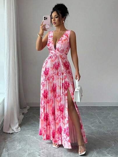 Elenzga Vestido elegante y romántico para mujer con escote en V sin mangas, cintura hueca, volantes y estampado floral en corte evasé